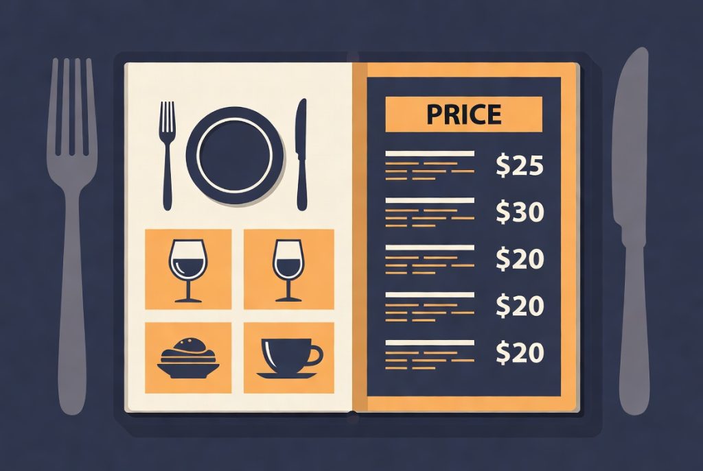 Open menu graphic displaying a price list with food and drink icons, flanked by a fork and knife. (C) 2026, https://rsmspark.com, all rights reserved