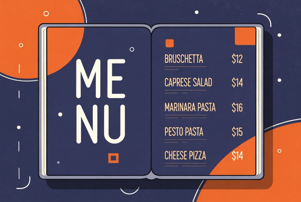Open restaurant menu graphic displaying items like bruschetta, caprese salad, marinara pasta, pesto pasta, and cheese pizza with prices. (C) 2026, https://rsmspark.com, all rights reserved