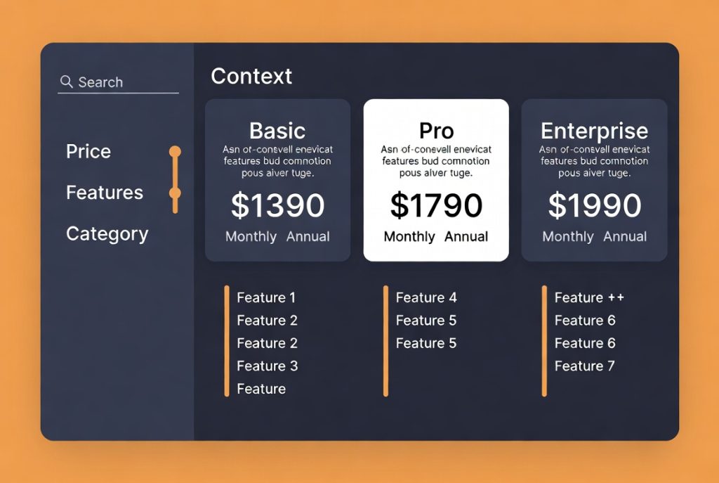 Pricing comparison interface displaying Basic, Pro, and Enterprise plans with monthly pricing and feature lists. (C) 2026, https://rsmspark.com, all rights reserved