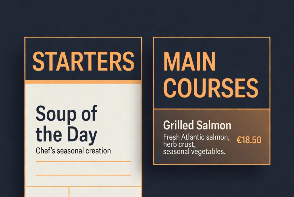 Menu graphic showing starters with soup of the day and main courses with grilled salmon. (C) 2026, https://rsmspark.com, all rights reserved