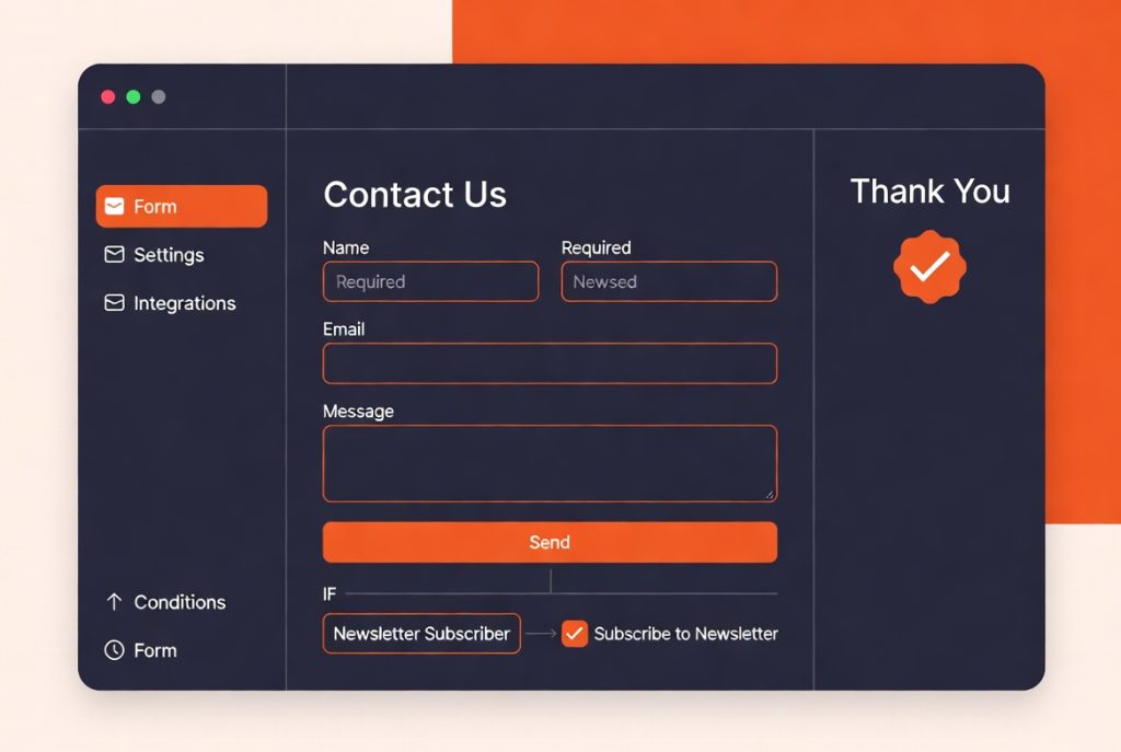 WordPress form builder interface displaying a contact form with name, email, and message fields alongside newsletter subscription conditions and a thank you confirmation. (C) 2026, https://rsmspark.com, all rights reserved