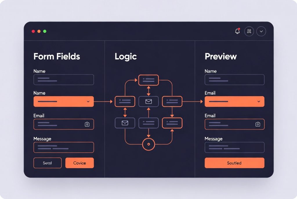 Screenshot of a form builder interface with form fields on the left, a conditional logic flowchart in the center, and a live preview panel on the right. (C) 2026, https://rsmspark.com, all rights reserved