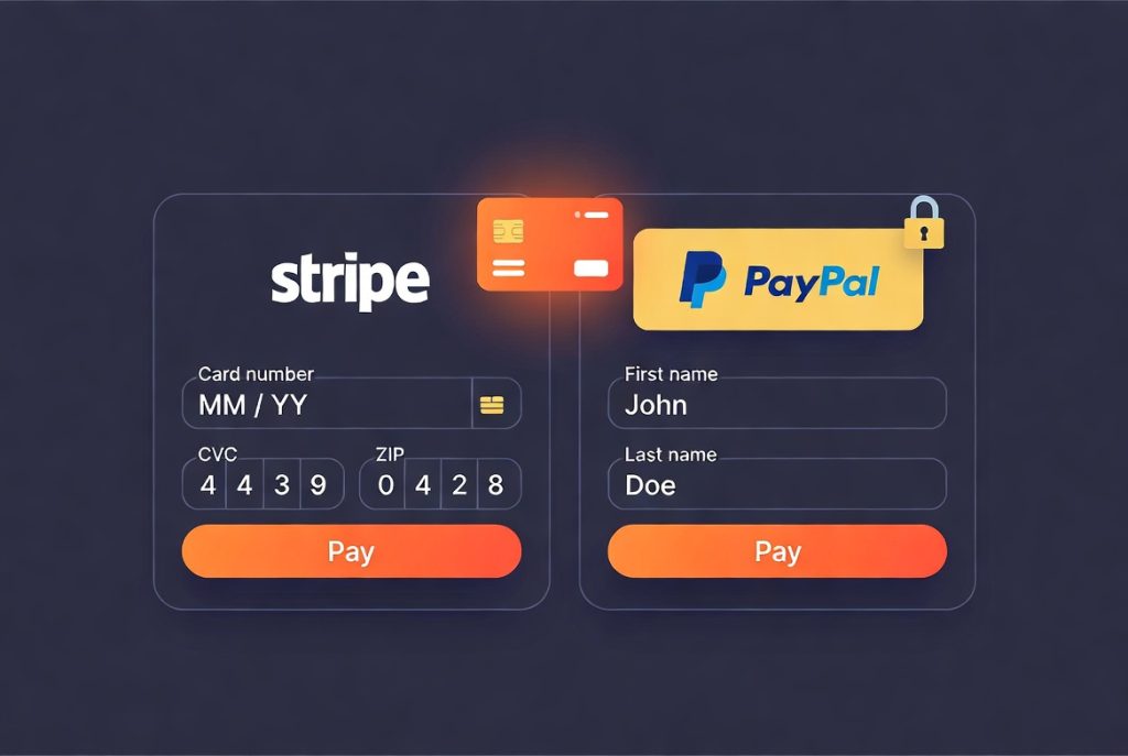 Side-by-side Stripe and PayPal payment forms showing card entry and checkout fields with pay buttons. (C) 2026, https://rsmspark.com, all rights reserved