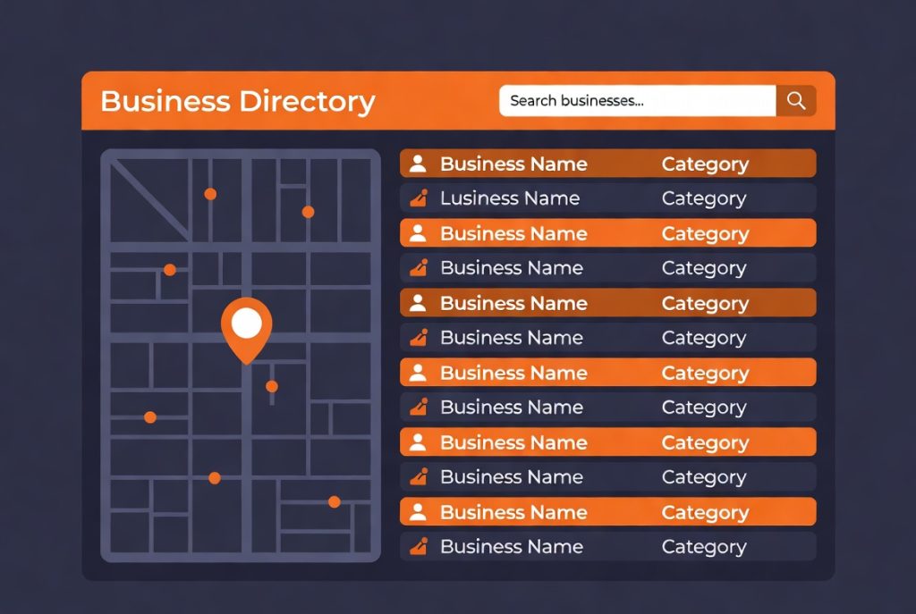 Business directory interface mockup with an interactive map showing location pins and a searchable list of categorized businesses. (C) 2026, https://rsmspark.com, all rights reserved