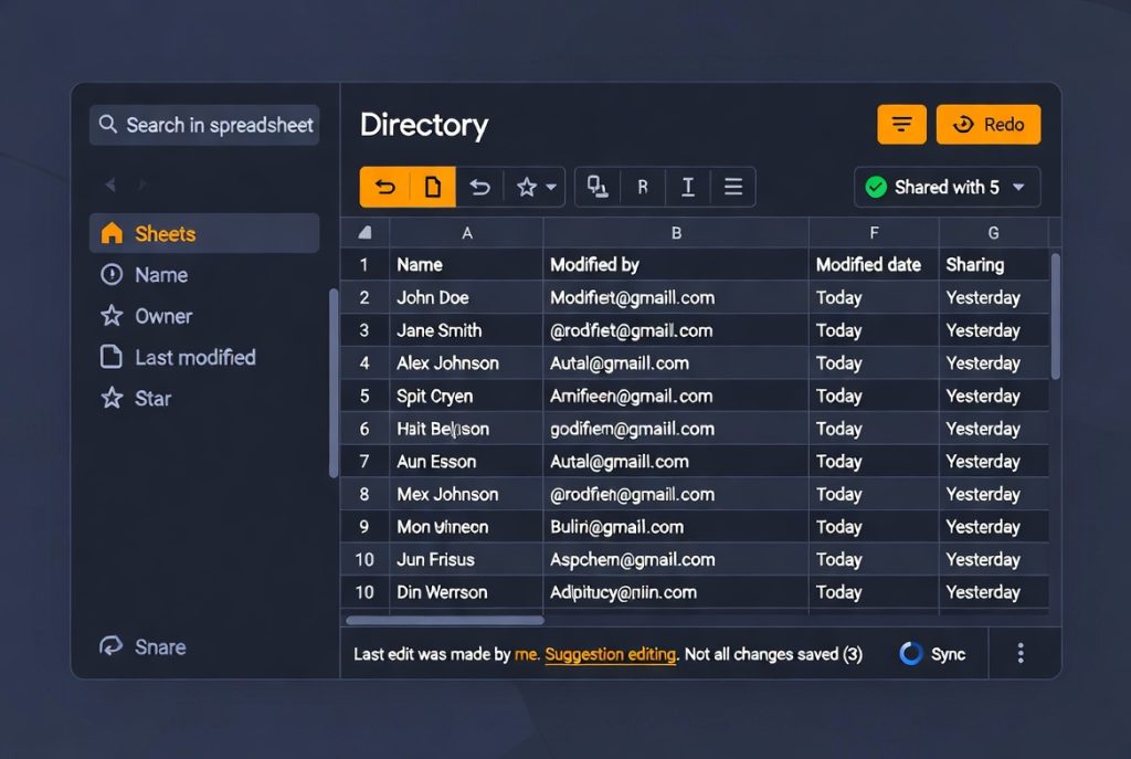 Spreadsheet interface showing a searchable directory table with names, emails, and modification details. (C) 2026, https://rsmspark.com, all rights reserved