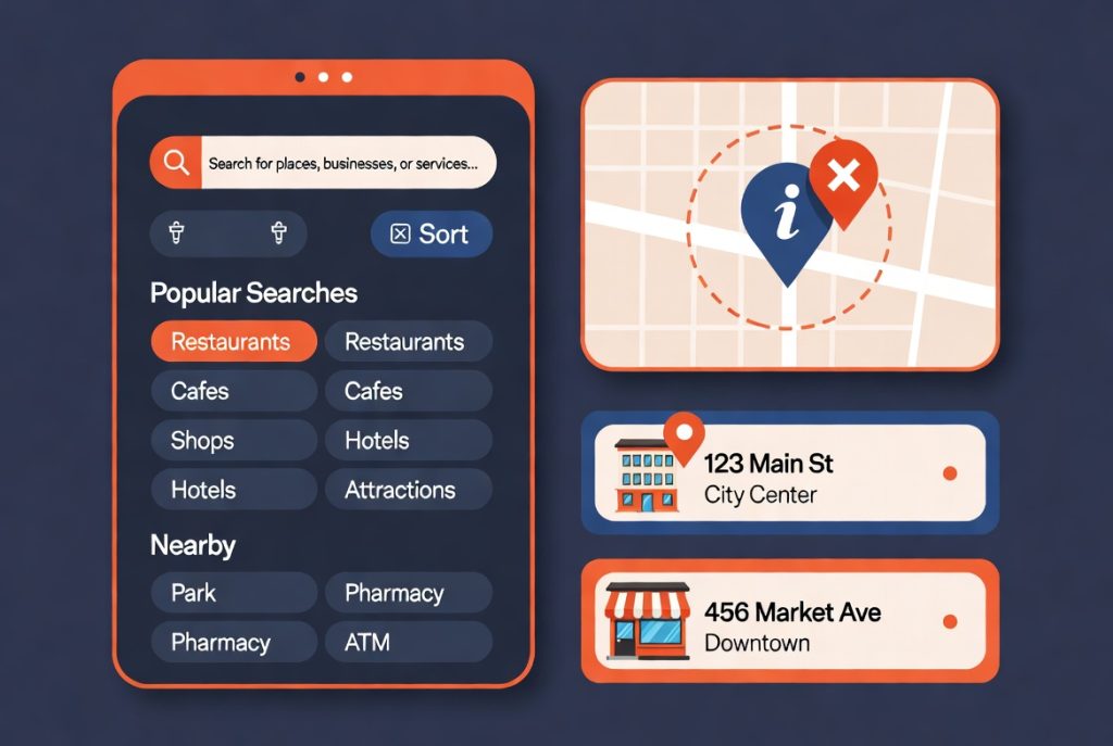 Mobile app interface for searching local businesses with map, location pins, and address cards. (C) 2026, https://rsmspark.com, all rights reserved