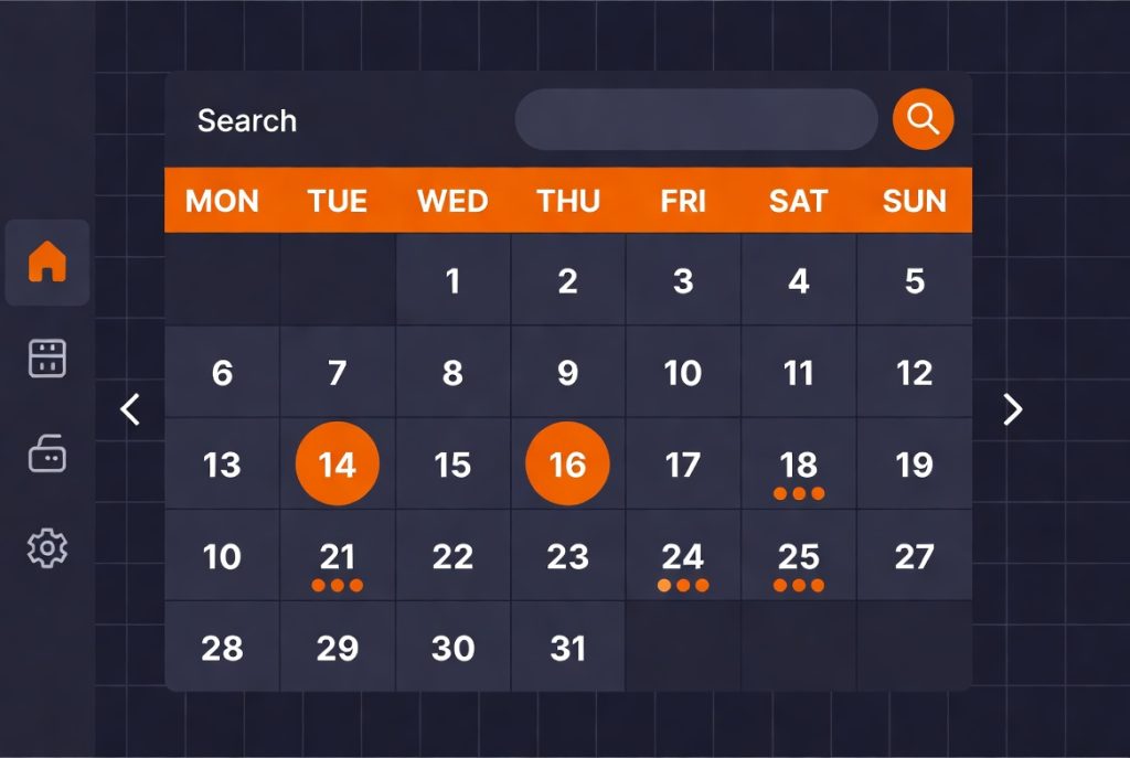 Calendar interface displaying a monthly view with recurring events highlighted on dates 14, 16, and 24. (C) 2026, https://rsmspark.com, all rights reserved