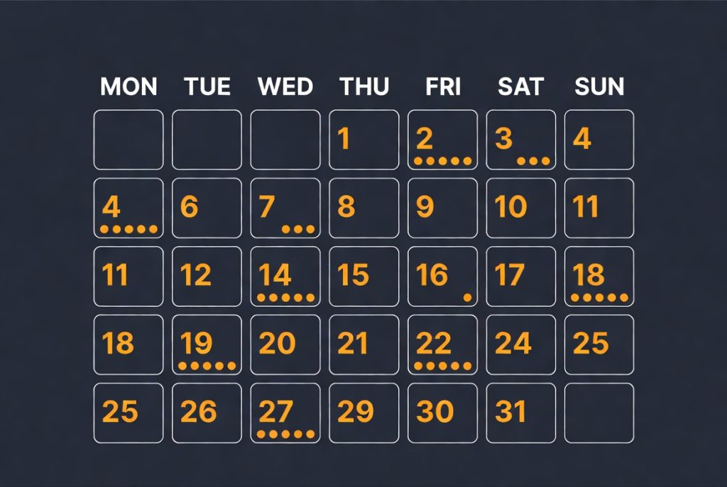 Calendar grid with dates highlighted by orange dots indicating events from multiple sources. (C) 2026, https://rsmspark.com, all rights reserved