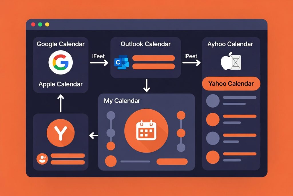 Diagram showing synchronization flows between Google Calendar, Outlook Calendar, Yahoo Calendar, Apple Calendar and a central My Calendar using iCal feeds. (C) 2026, https://rsmspark.com, all rights reserved
