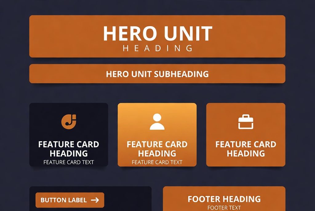 A mockup of a hero section with heading, subheading, feature cards, button, and footer elements. (C) 2026, https://rsmspark.com, all rights reserved