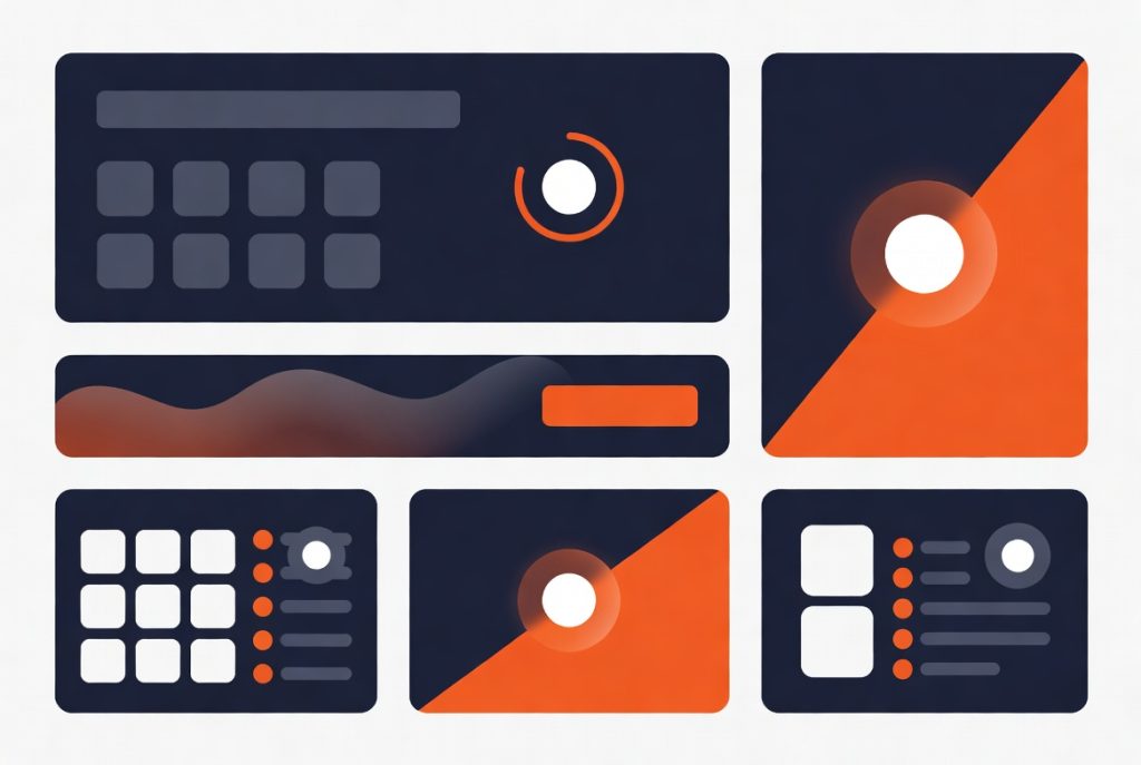 Examples of UI content widgets including grids, sliders and loading indicators for carousels (C) 2026, https://rsmspark.com, all rights reserved