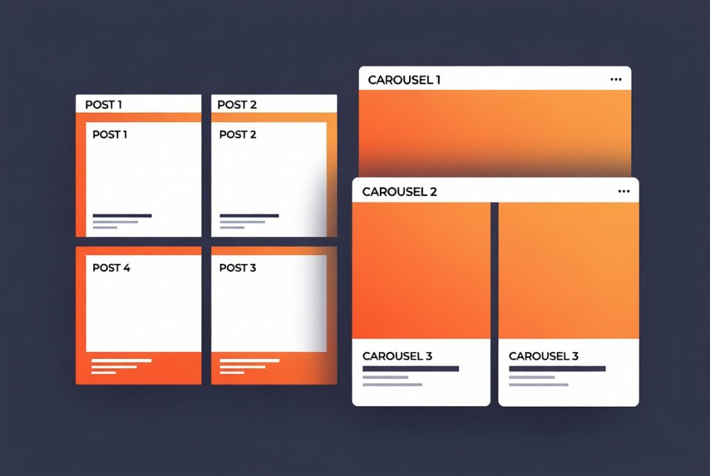 Illustration of post grids and carousel widgets in orange and white UI mockups on a dark background. (C) 2026, https://rsmspark.com, all rights reserved