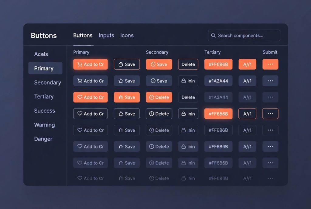 Screenshot of RSM Buttons component library interface displaying primary, secondary, tertiary and other button variants with labels and color options. (C) 2026, https://rsmspark.com, all rights reserved