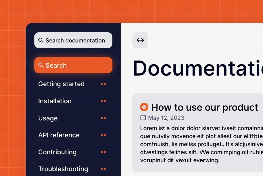 Screenshot of a documentation website interface with a dark sidebar navigation including search bars and links for Getting started, Installation, Usage, and other sections, alongside a main content area titled Documentation with a sample article. (C) 2026, https://rsmspark.com, all rights reserved