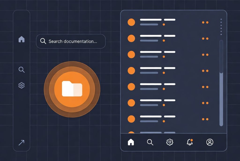 Mobile app interface for searching and browsing documentation with a folder icon and document list. (C) 2026, https://rsmspark.com, all rights reserved