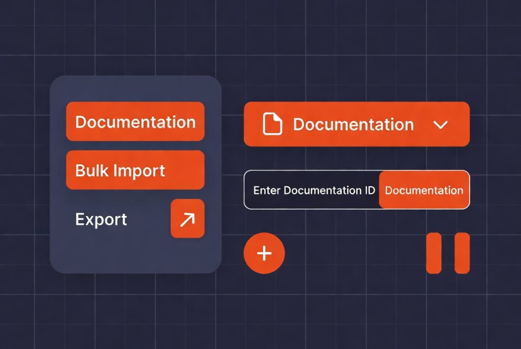 UI mockup of documentation management features including bulk import, export, and ID entry options. (C) 2026, https://rsmspark.com, all rights reserved