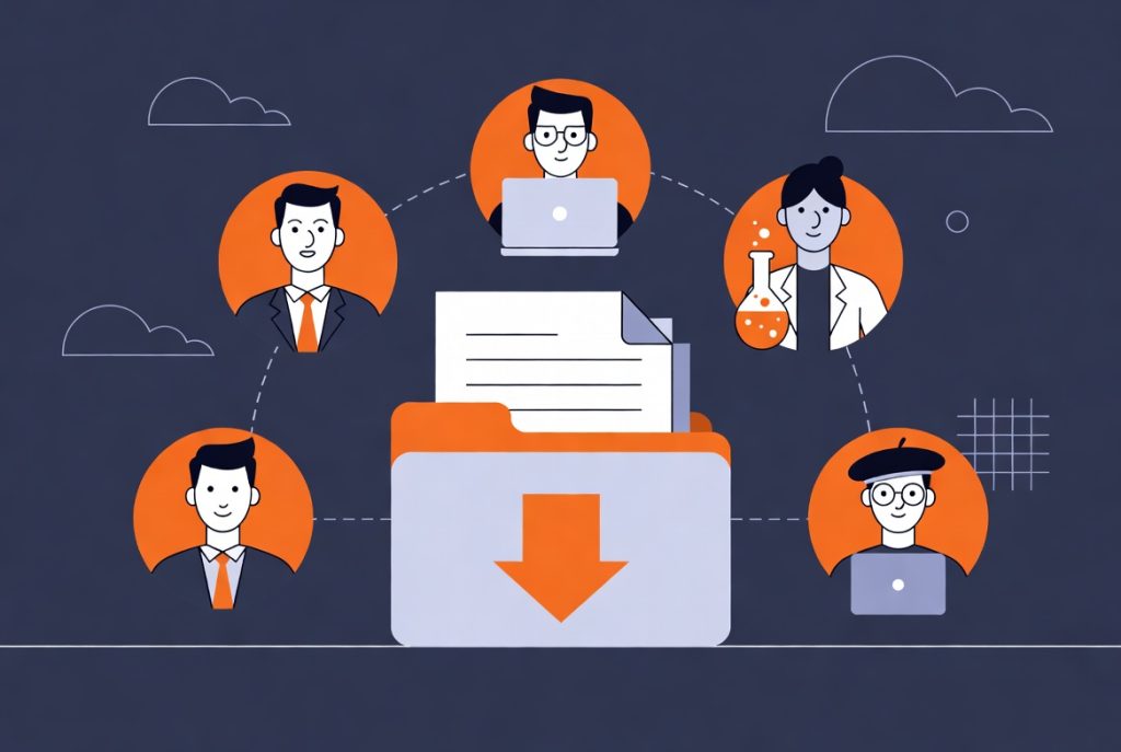 Illustration of a shared document folder with download arrow connected by dotted lines to professionals including business people, a scientist, and developers on a dark blue background. (C) 2026, https://rsmspark.com, all rights reserved