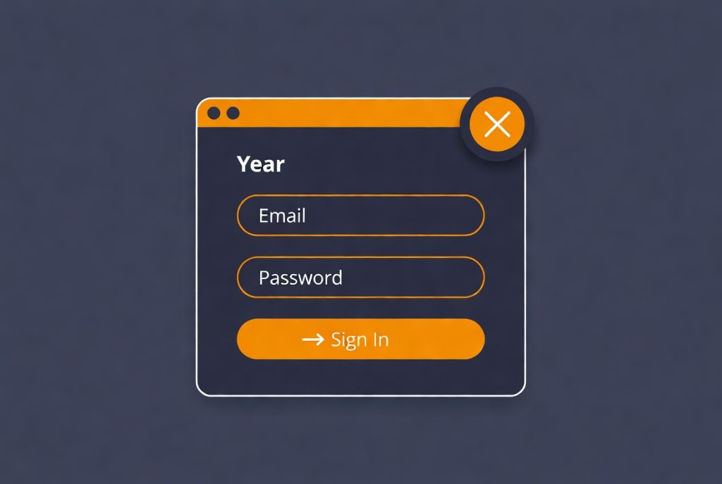 Popup login form titled Year with email and password fields plus a sign-in button. (C) 2026, https://rsmspark.com, all rights reserved