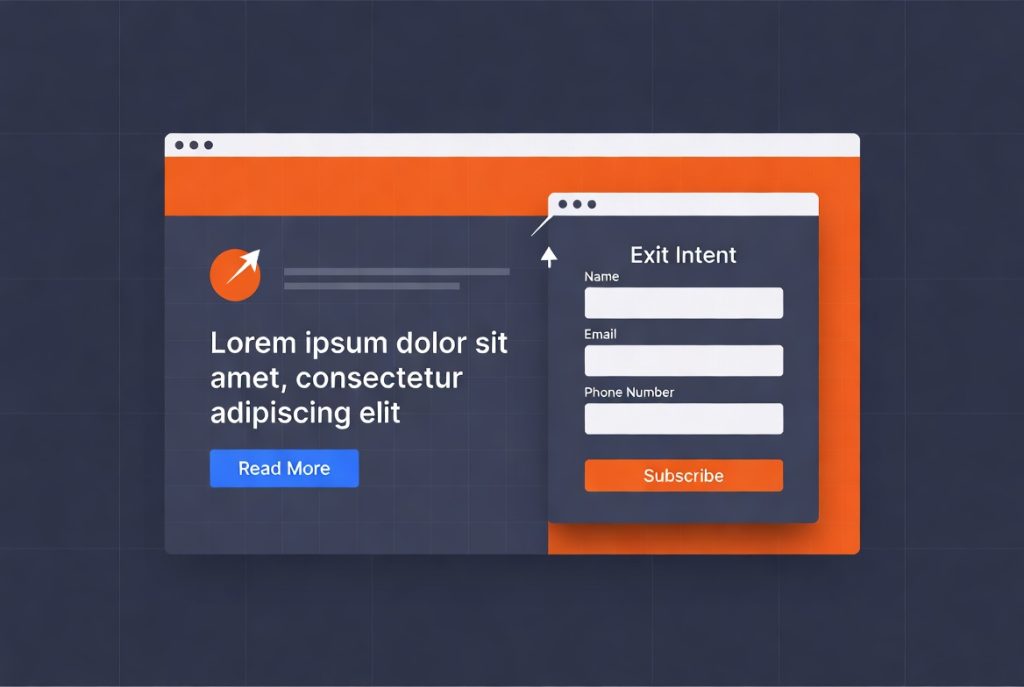 A browser window displaying a webpage with an exit-intent popup form overlay for name, email, and phone number subscription. (C) 2026, https://rsmspark.com, all rights reserved