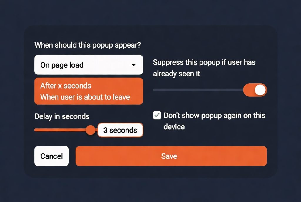 Popup configuration panel with trigger options including page load timing, exit intent, delay slider set to 3 seconds, and toggles to suppress repeated displays. (C) 2026, https://rsmspark.com, all rights reserved