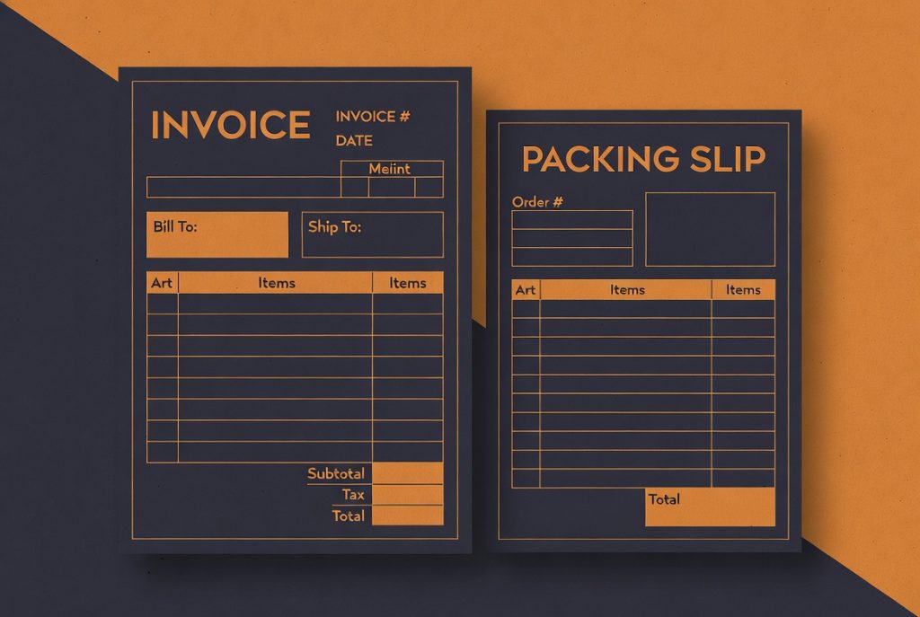 Mockup of an invoice and packing slip with navy blue and orange design elements on a split background. (C) 2026, https://rsmspark.com, all rights reserved
