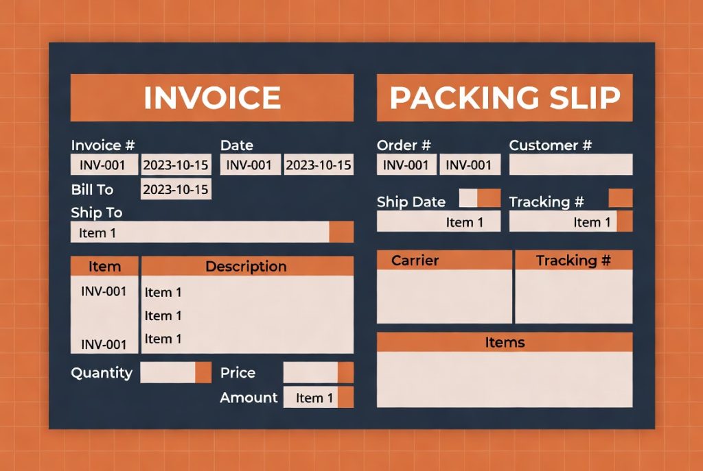Screenshot of invoice and packing slip templates displaying order details, billing info, item lists, and tracking fields for a WooCommerce PDF invoice plugin. (C) 2026, https://rsmspark.com, all rights reserved