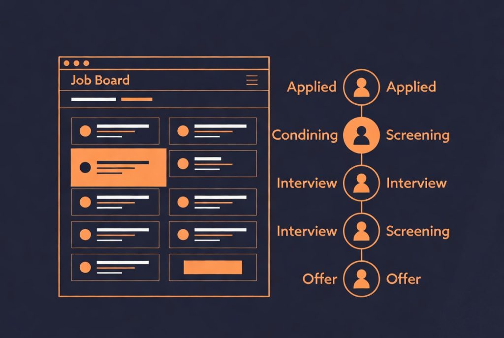 Diagram of a job board interface with job listings connected to a hiring pipeline flowchart showing stages from applied to offer. (C) 2026, https://rsmspark.com, all rights reserved