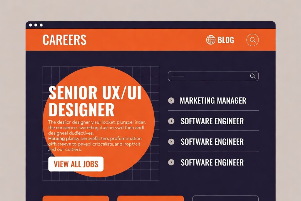 Screenshot of a careers webpage with a prominent senior UX/UI designer job highlight and a sidebar listing open positions such as marketing manager and software engineer. (C) 2026, https://rsmspark.com, all rights reserved