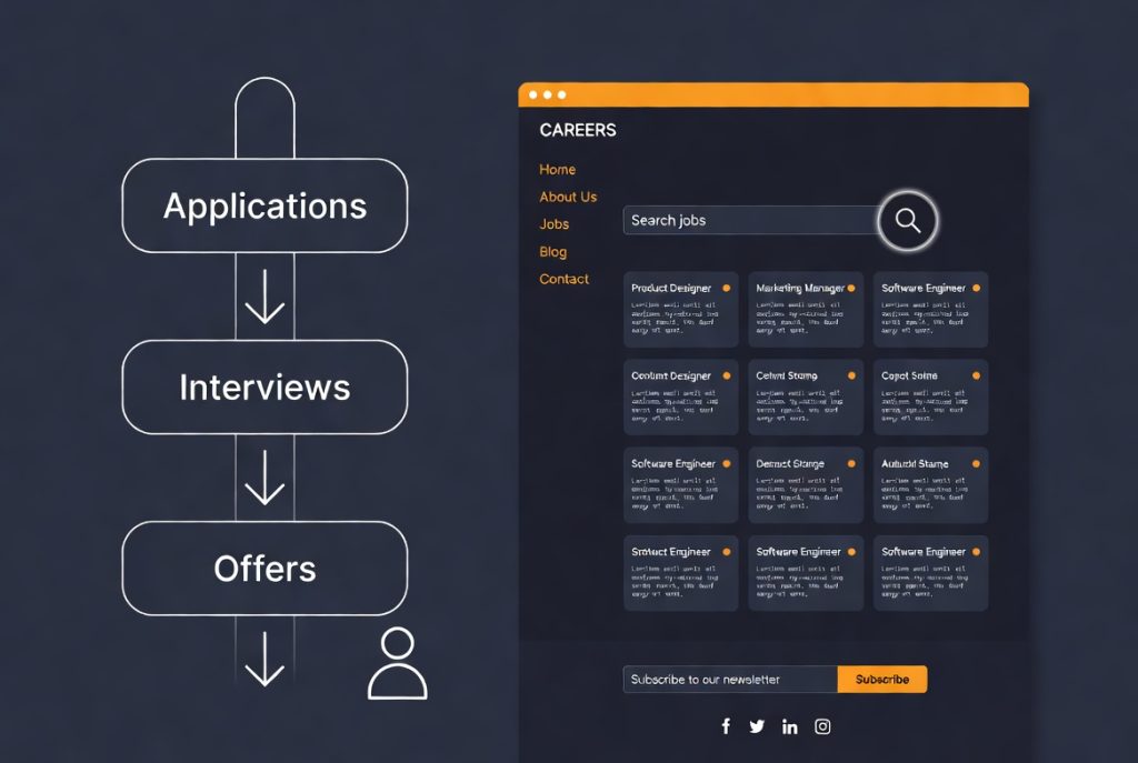 Flowchart illustrating the job application process from applications to interviews to offers next to a mockup of a careers website with job search and listings. (C) 2026, https://rsmspark.com, all rights reserved